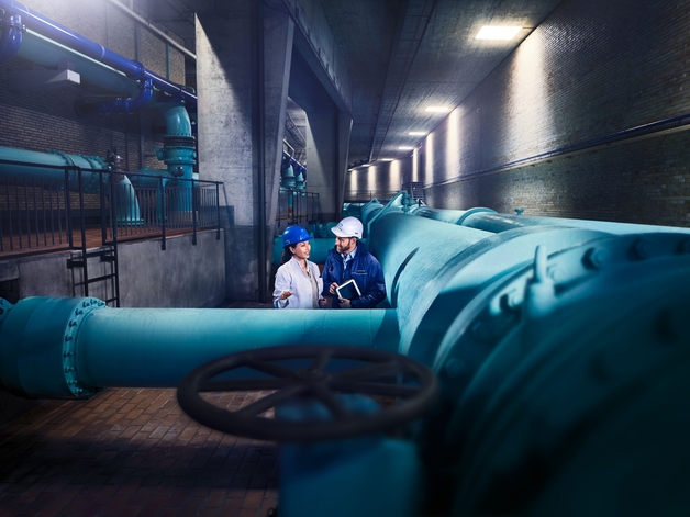 Two engineers standing next to a drinking water pipeline.