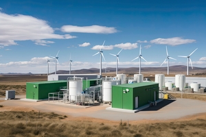 Electrolyzer plant with windmills in the background